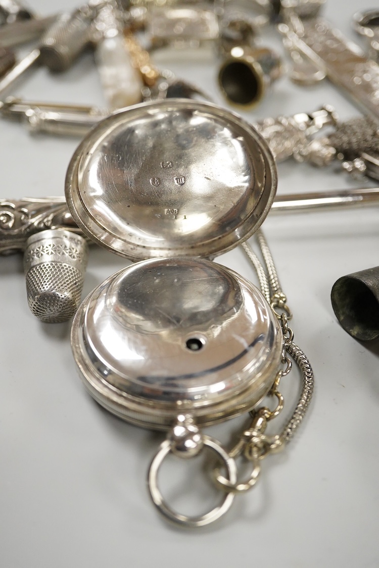 A Victorian silver vinaigrette, Edward Smith, Birmingham, 1848, 27mm, a collection of thimbles including some silver and sundry other items including pencils, child's rattle, button hooks, silver pocket watch, silver Ala